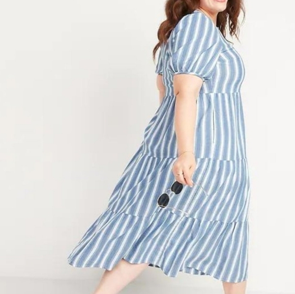 Old Navy Striped Puff Sleeve Tiered Cotton Pockets Button Front Dress Sz XXL - Picture 2 of 12